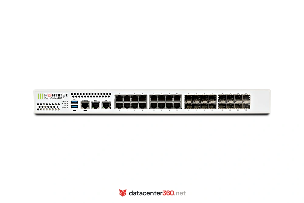 Panel frontal del FortiGate 401E-DC con sus 18 puertos GE RJ45 y 16 slots GE SFP