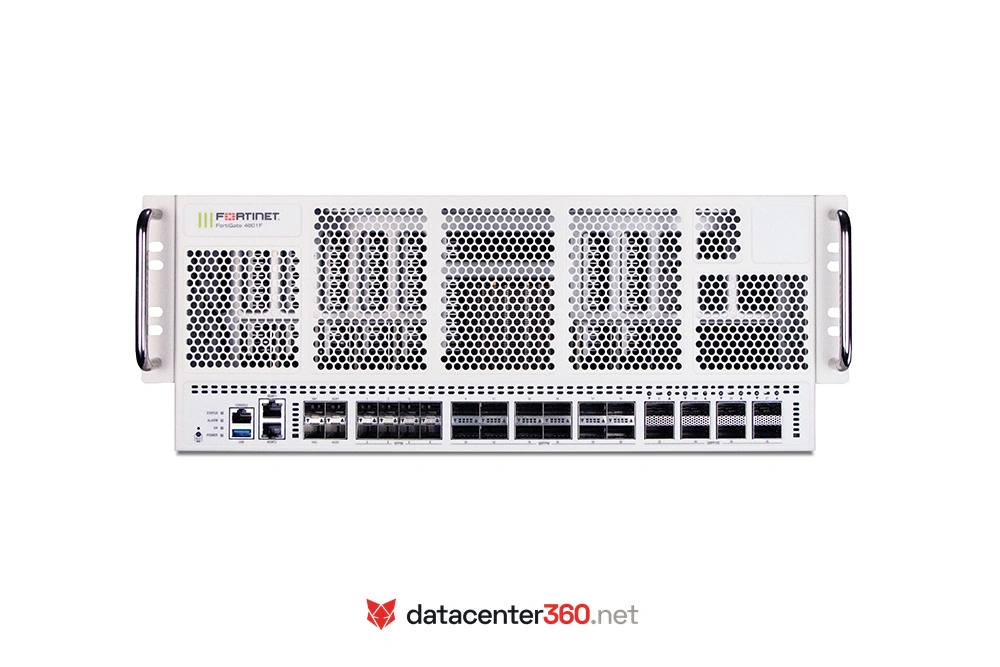 Vista frontal de puertos e interfaces del FortiGate 4800F: 8 slots 400GE QSFP-DD, 12 slots 200GE QSFP56 y 12 slots 50GE SFP56
