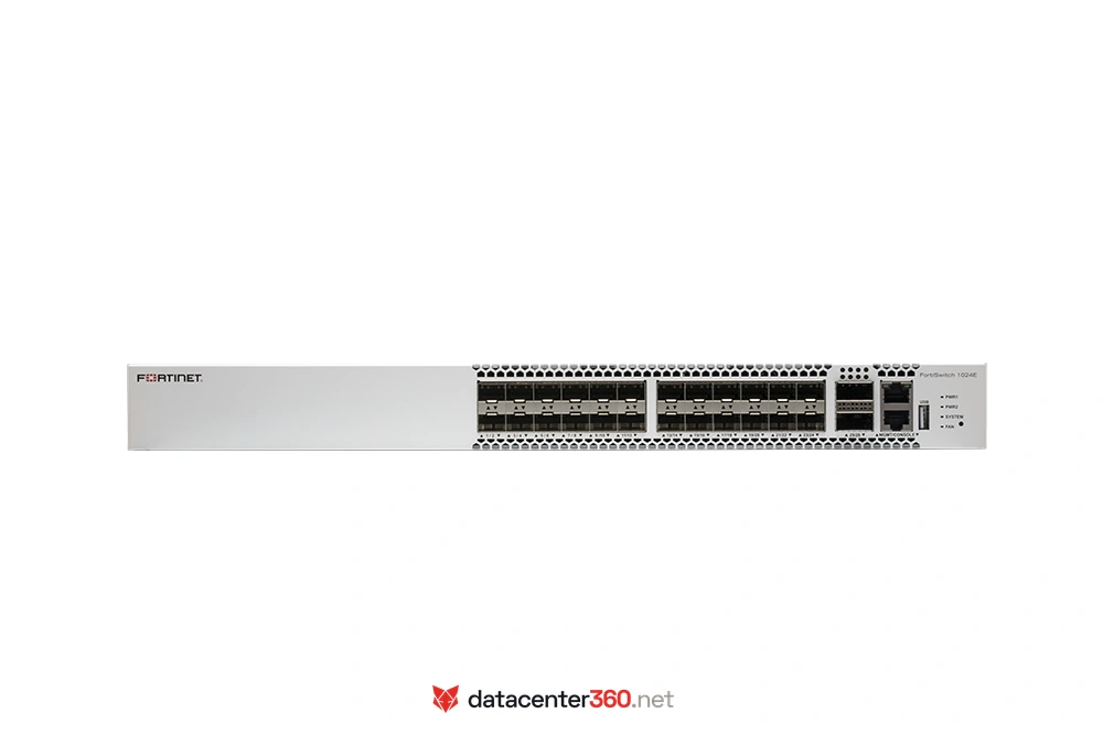 Puertos e interfaces del FortiSwitch 1024E: 24x SFP+ de 10G/1G, 2x QSFP28 de 100G/40G, puerto de gestión y consola serial RJ45