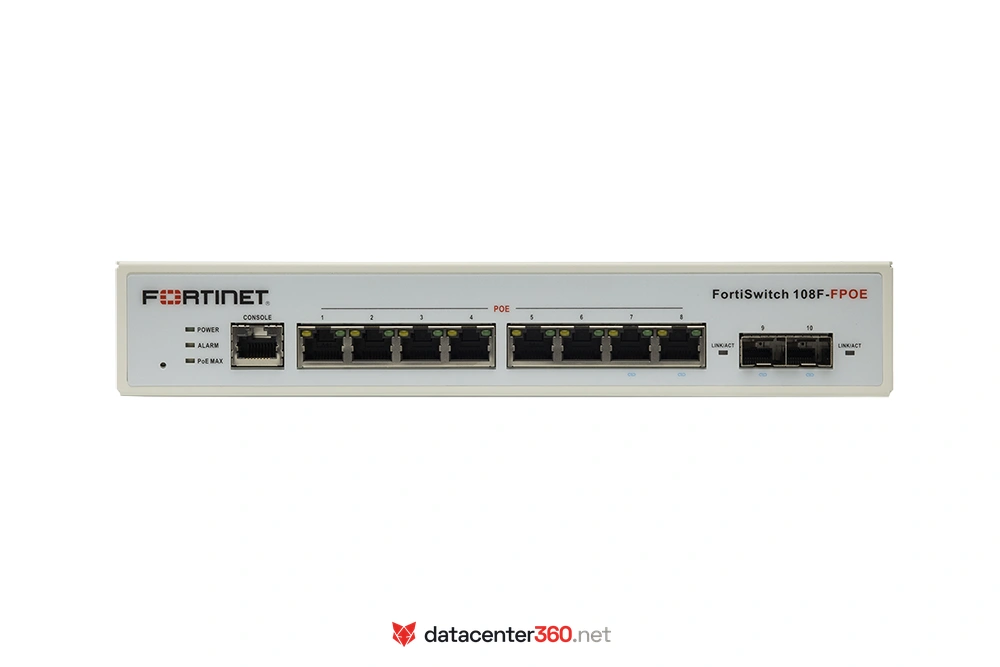 Puertos e interfaces del FortiSwitch 108F-FPOE: 8x GE RJ45 PoE+ y 2x GE SFP