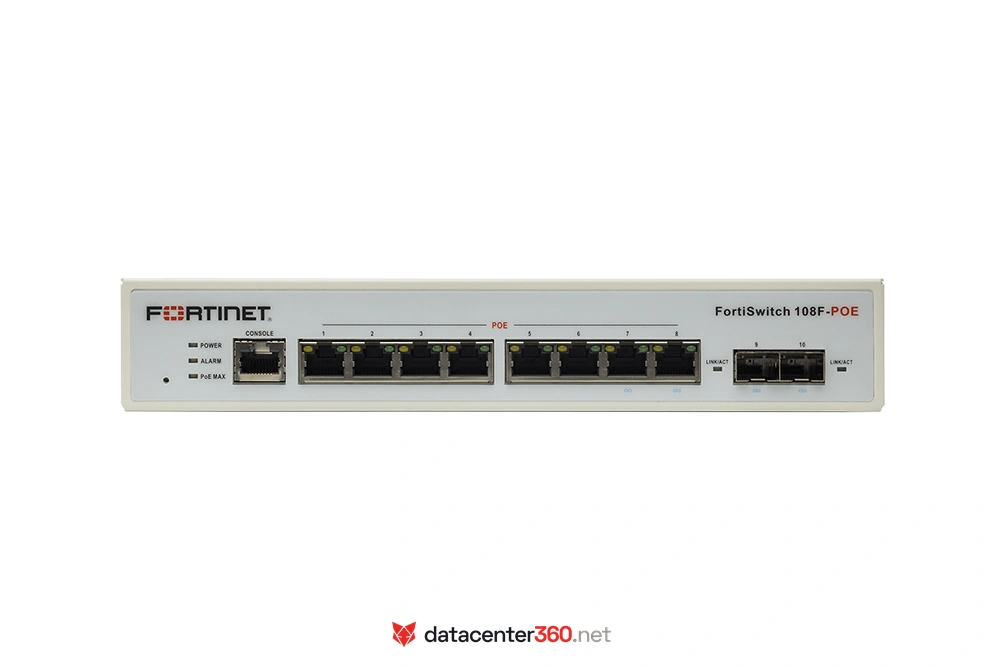 Puertos e interfaces del FortiSwitch 108F-POE: 8x GE RJ45 PoE+ y 2x GE SFP