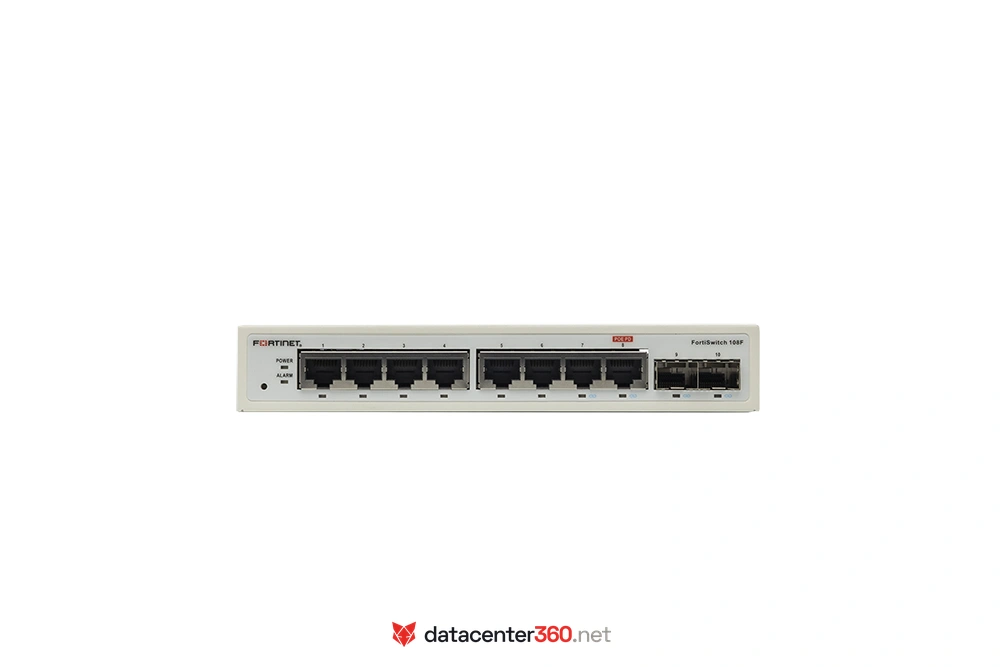 Puertos e interfaces del FortiSwitch 108F: 8x GE RJ45 y 2x GE SFP