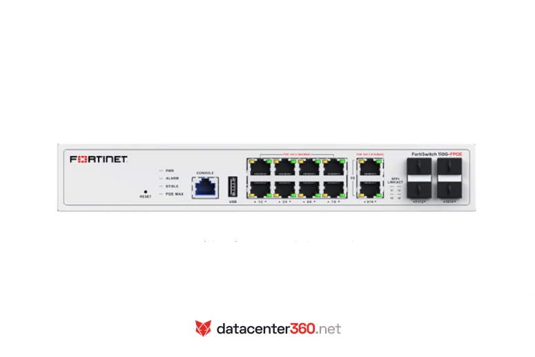 Puertos e interfaces del FortiSwitch 110G-FPOE: 2x 5G PoE bt, 8x 2.5G PoE+ y 4x 10GE SFP+