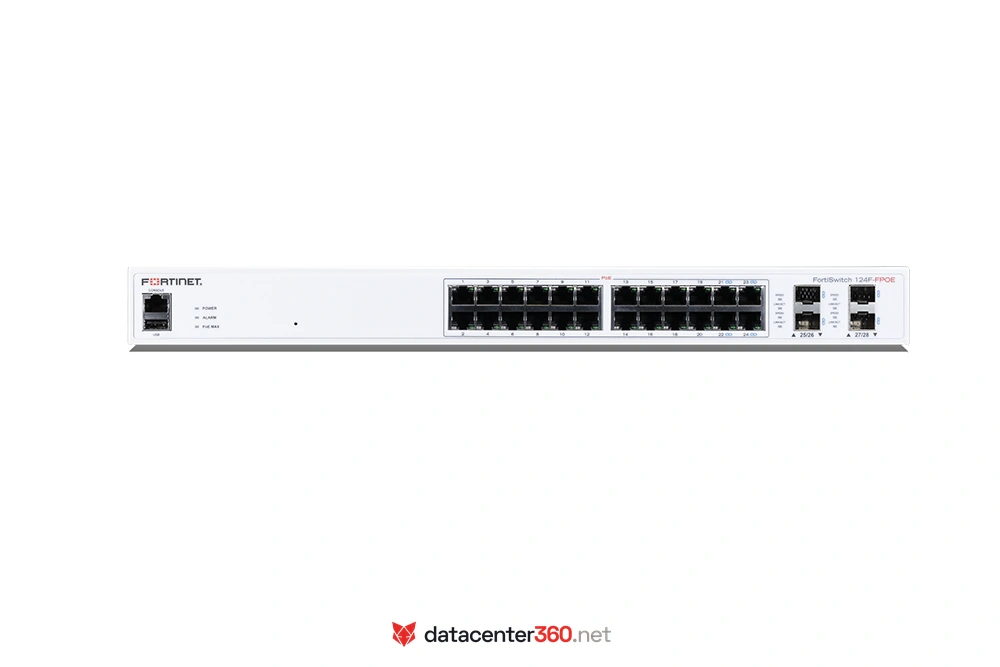 Puertos e interfaces del FortiSwitch 124F-FPOE: 24x GE RJ45 con PoE+ y 4x 10GE SFP+
