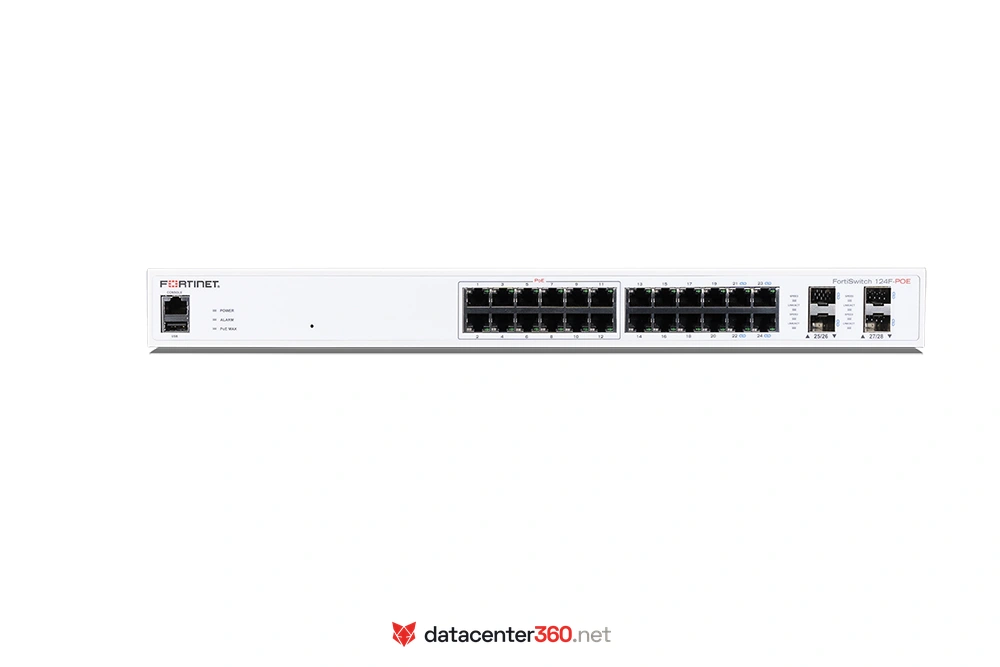 Puertos e interfaces del FortiSwitch 124F-POE: 24x GE RJ45 (12 PoE+) y 4x 10GE SFP+