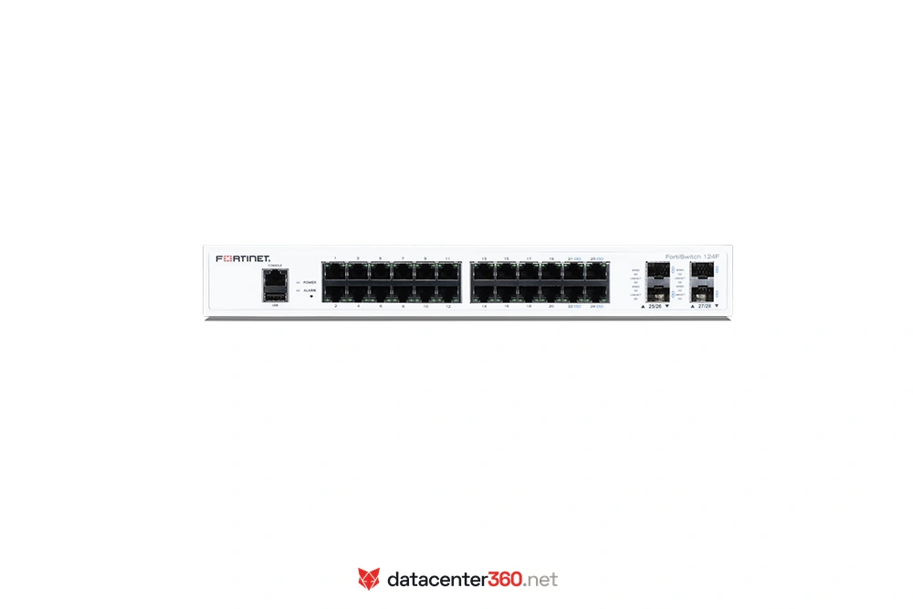 Puertos e interfaces del FortiSwitch 124F: 24x GE RJ45 y 4x 10GE SFP+