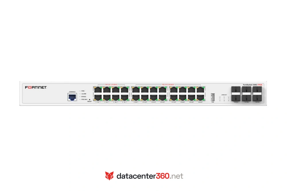 Puertos e interfaces del FortiSwitch 124G-FPOE: 24x 2.5G RJ45 con PoE bt/at y 6x 10G SFP+