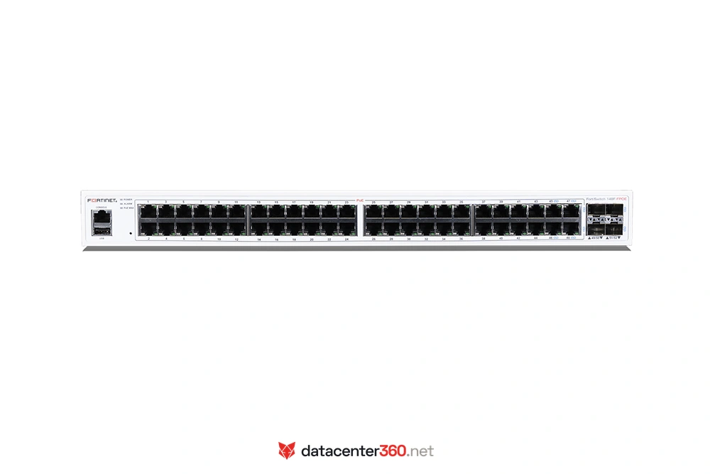Puertos e interfaces del FortiSwitch 148F-FPOE: 48x GE RJ45 con PoE+ y 4x 10GE SFP+