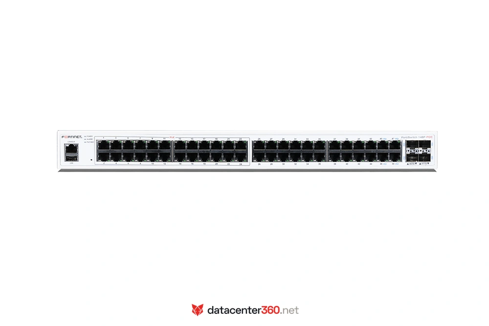 Puertos e interfaces del FortiSwitch 148F-POE: 48x GE RJ45 (1–24 con PoE+) y 4x 10GE SFP+