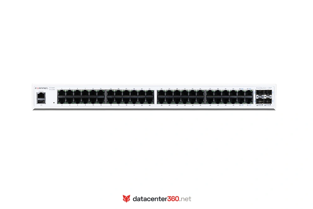 Puertos e interfaces del FortiSwitch 148F: 48x GE RJ45 y 4x 10GE SFP+