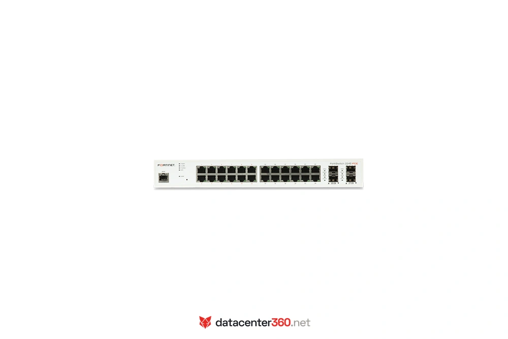 Puertos e interfaces del FortiSwitch 224E-POE: 24x GE RJ45 (12 con PoE+), 4x GE SFP y puerto de gestión