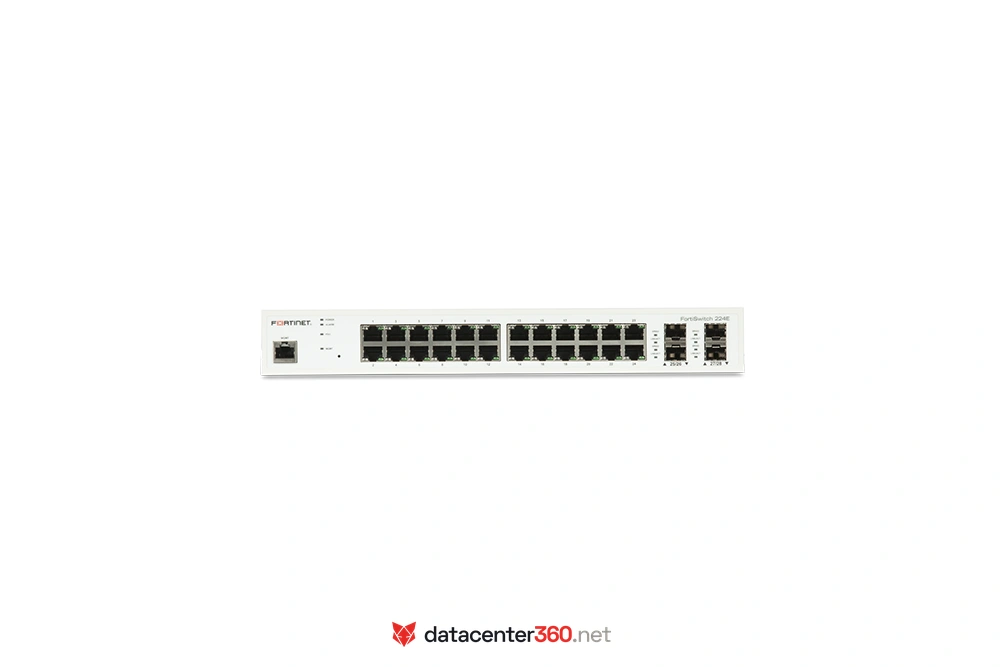Puertos e interfaces del FortiSwitch 224E: 24x GE RJ45, 4x GE SFP y puerto de gestión