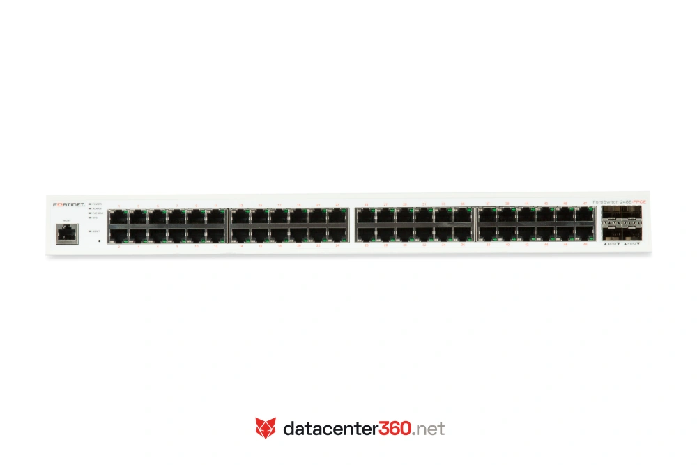 Puertos e interfaces del FortiSwitch 248E-FPOE: 48x GE RJ45 con PoE+, 4x GE SFP y puerto de gestión