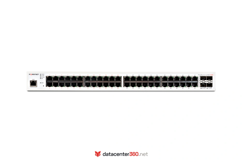 Puertos e interfaces del FortiSwitch 248E-POE: 48x GE RJ45 (24 con PoE+), 4x GE SFP y puerto de gestión