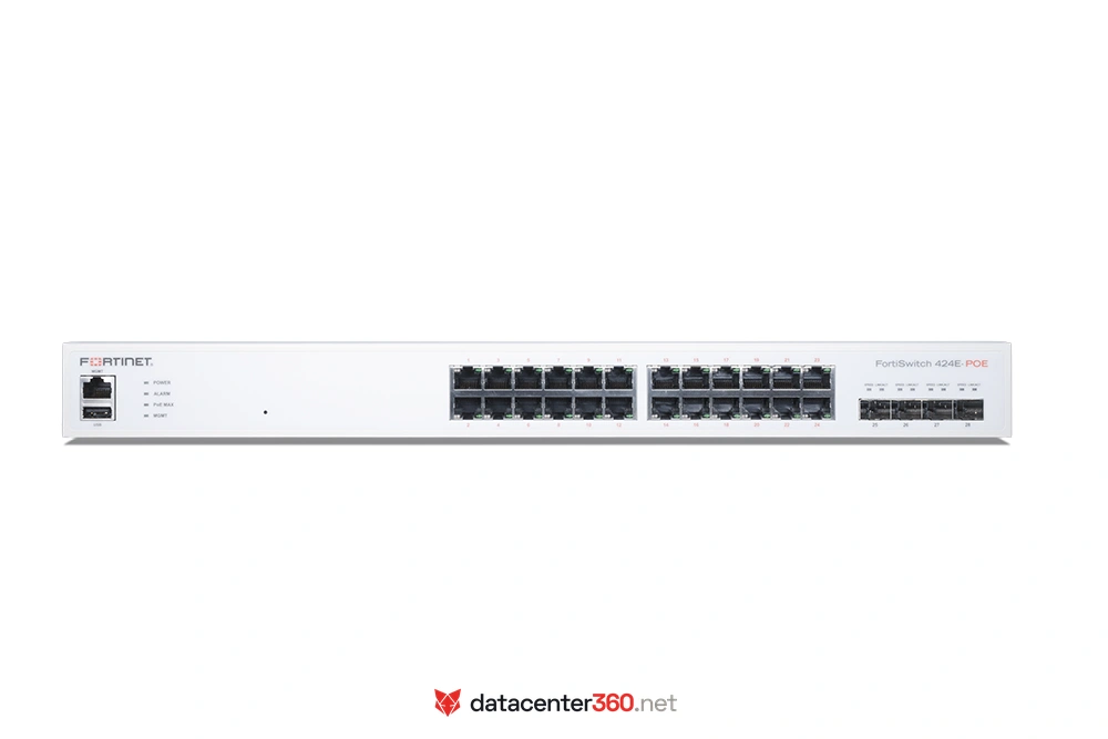 Puertos e interfaces del FortiSwitch 424E-POE: 24x GE RJ45 con PoE+, 4x SFP+ de 10G y puerto de gestión