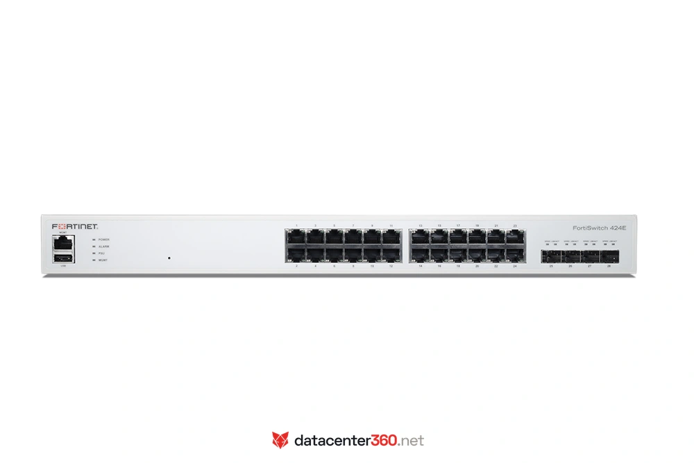 Puertos e interfaces del FortiSwitch 424E: 24x GE RJ45, 4x SFP+ de 10G y puerto de gestión