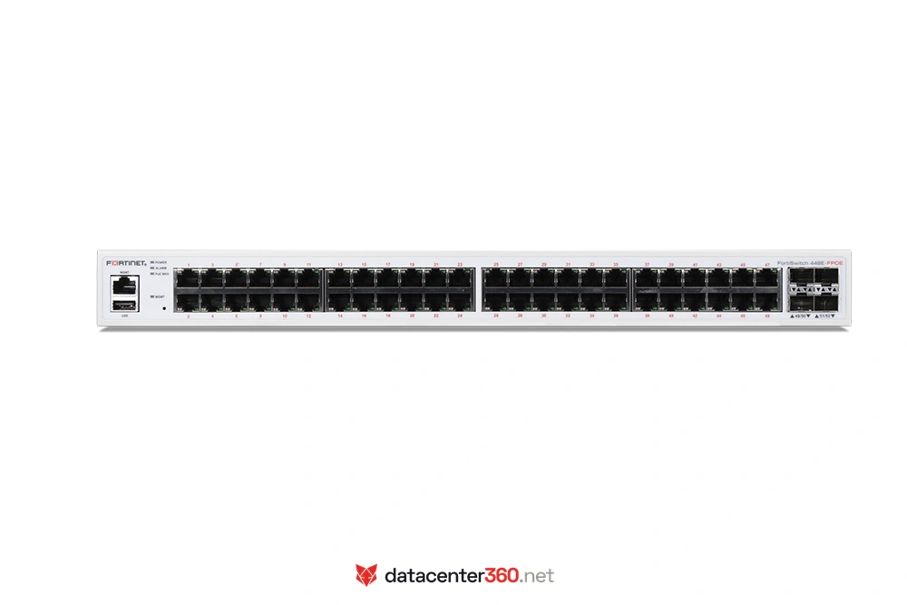 Puertos e interfaces del FortiSwitch 448E-FPOE: 48x GE RJ45 con PoE+, 4x SFP+ de 10G y puerto de gestión