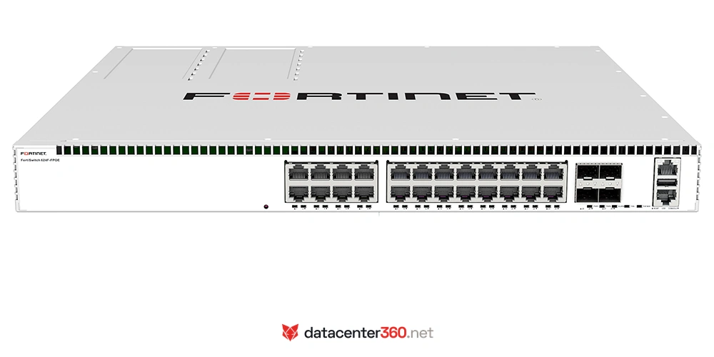 Puertos e interfaces del FortiSwitch 624F-FPOE: 24x RJ45 multigigabit 1/2.5/5GE con PoE 802.3bt, 4x SFP28 de 25G y puerto de gestión
