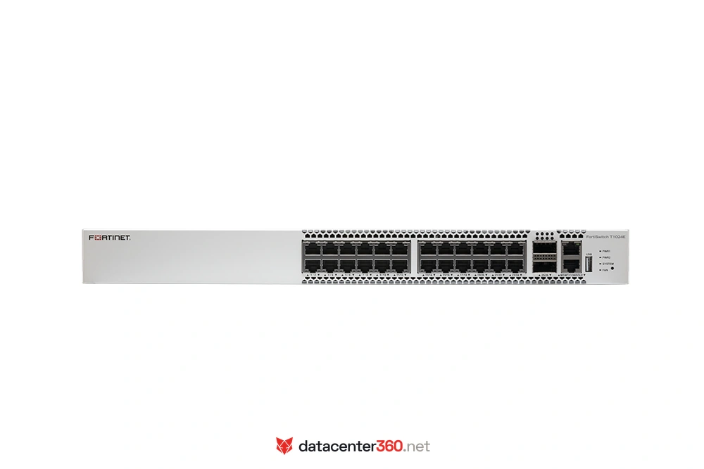 Puertos e interfaces del FortiSwitch T1024E: 24x RJ45 BASE-T de 100M/1G/2.5G/5G/10G, 2x QSFP28 de 100G/40G, puerto de gestión y consola serial RJ45