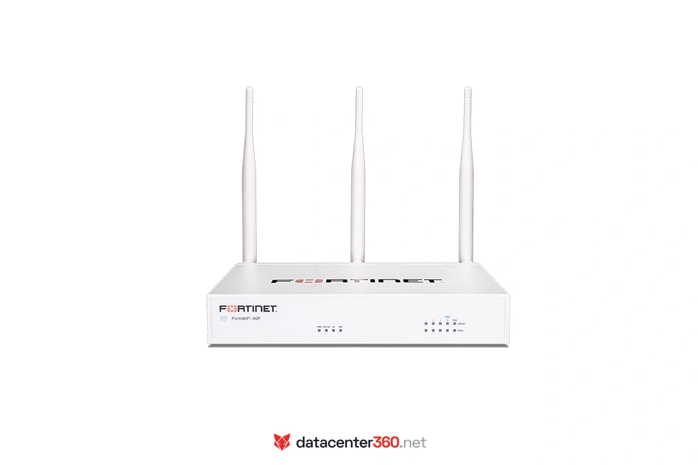 Vista posterior del FortiWiFi 40F-N con puertos y antenas Wi-Fi